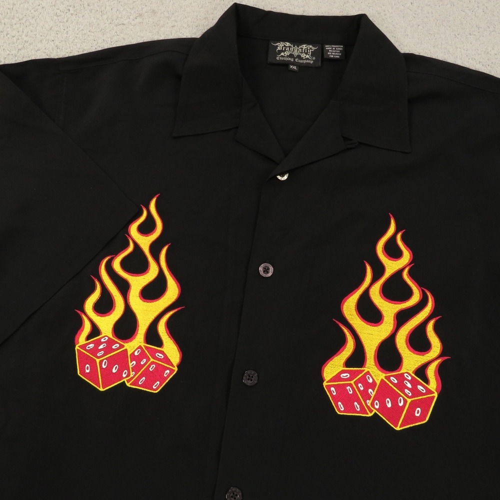 Dragonfly Shirt XXL Mens Black Flaming Dice Gambling Embroidered Loop Button Up